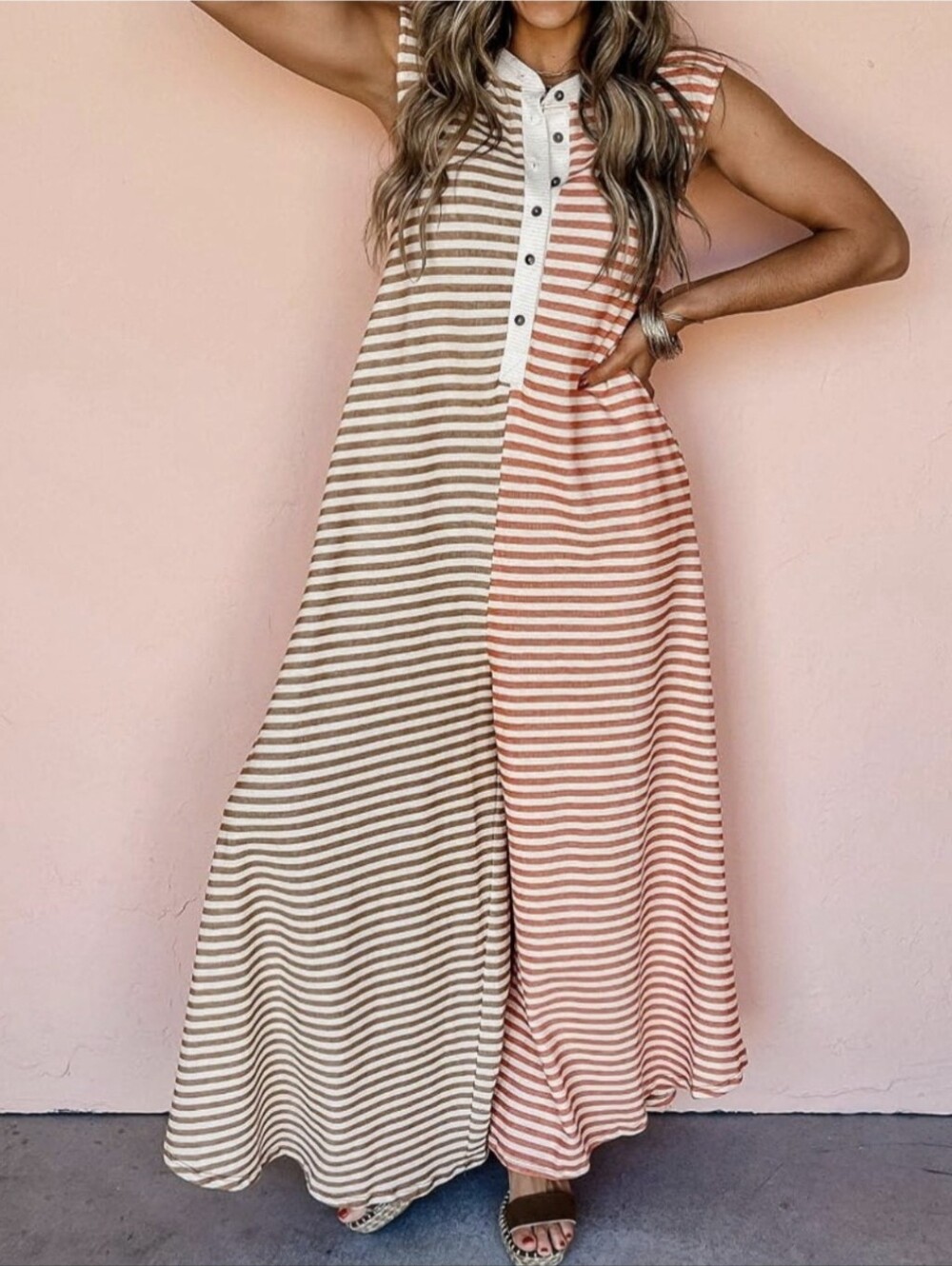 Striped Jumpsuit - Brown & Peach